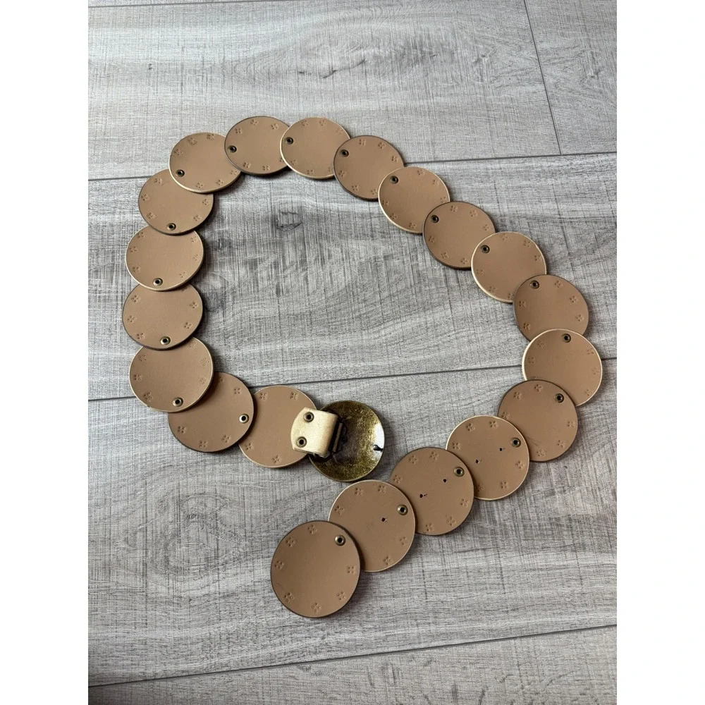 Metallic Gold Bronze Disc Studded Statement Belt Large Brass Dome Buckle